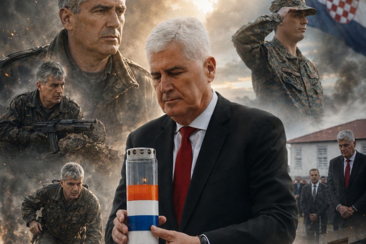 Dragan Čović s upaljenom svijećom na spomen-obilježju u Pologu tijekom obilježavanja zaustavljanja tenkova